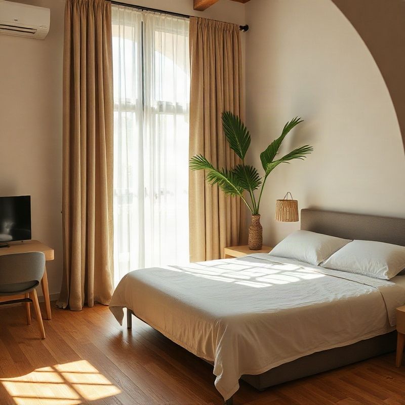 Furnished Ipanema apartment bedroom with linen curtains