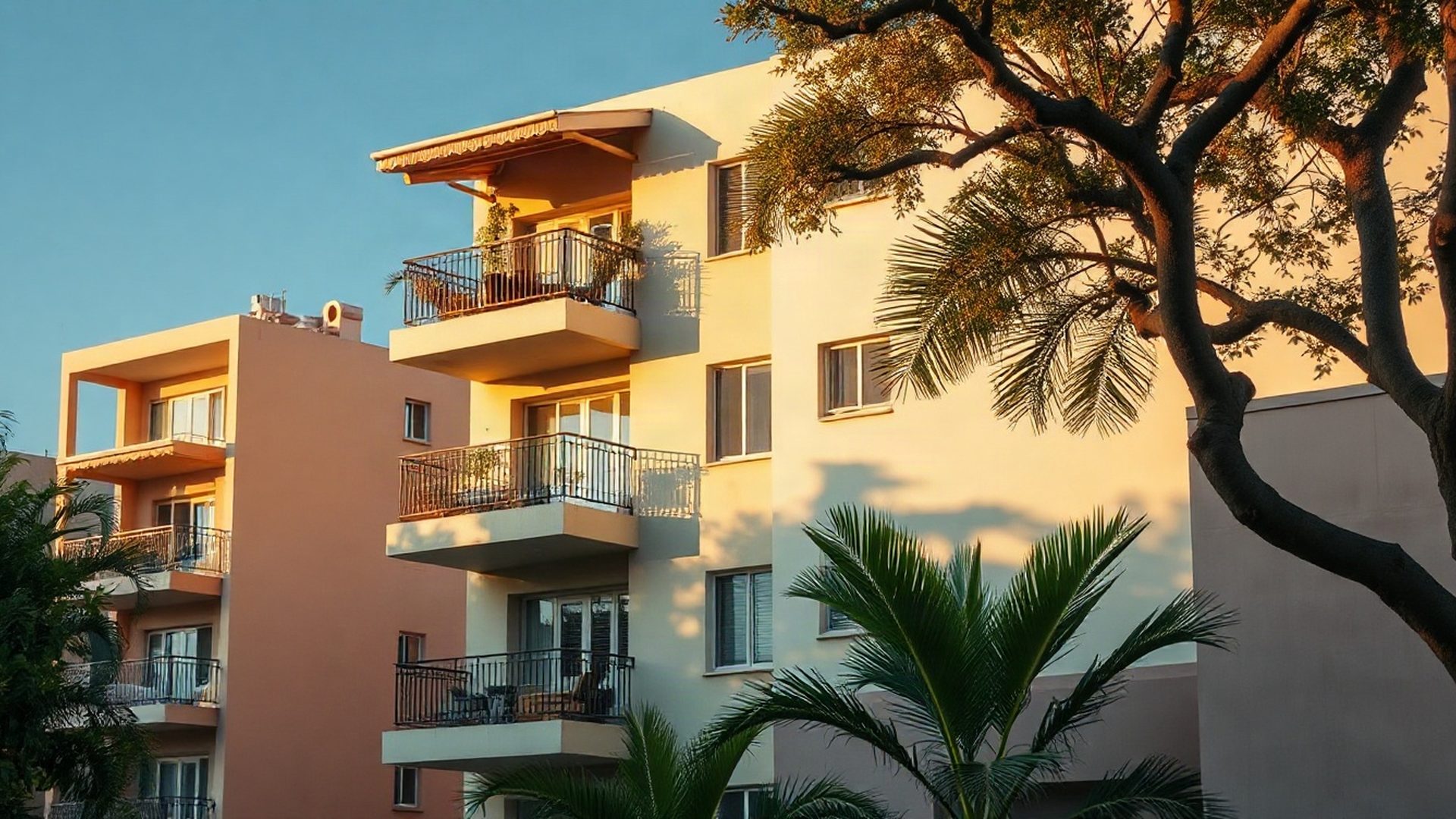 Modernist Ipanema apartment facade at golden hour